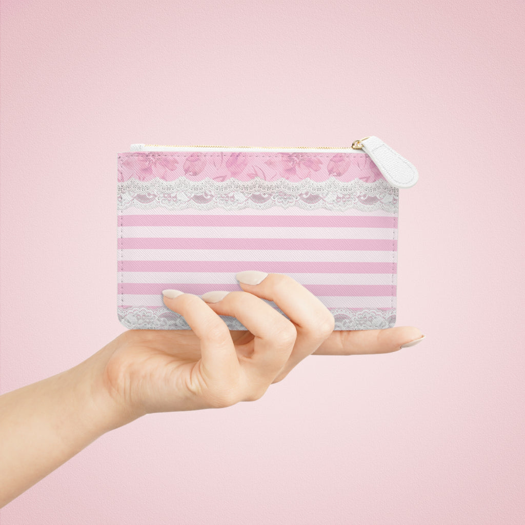Pink Striped Lace Mini Clutch Bag — Floral Ribbon Coin Purse