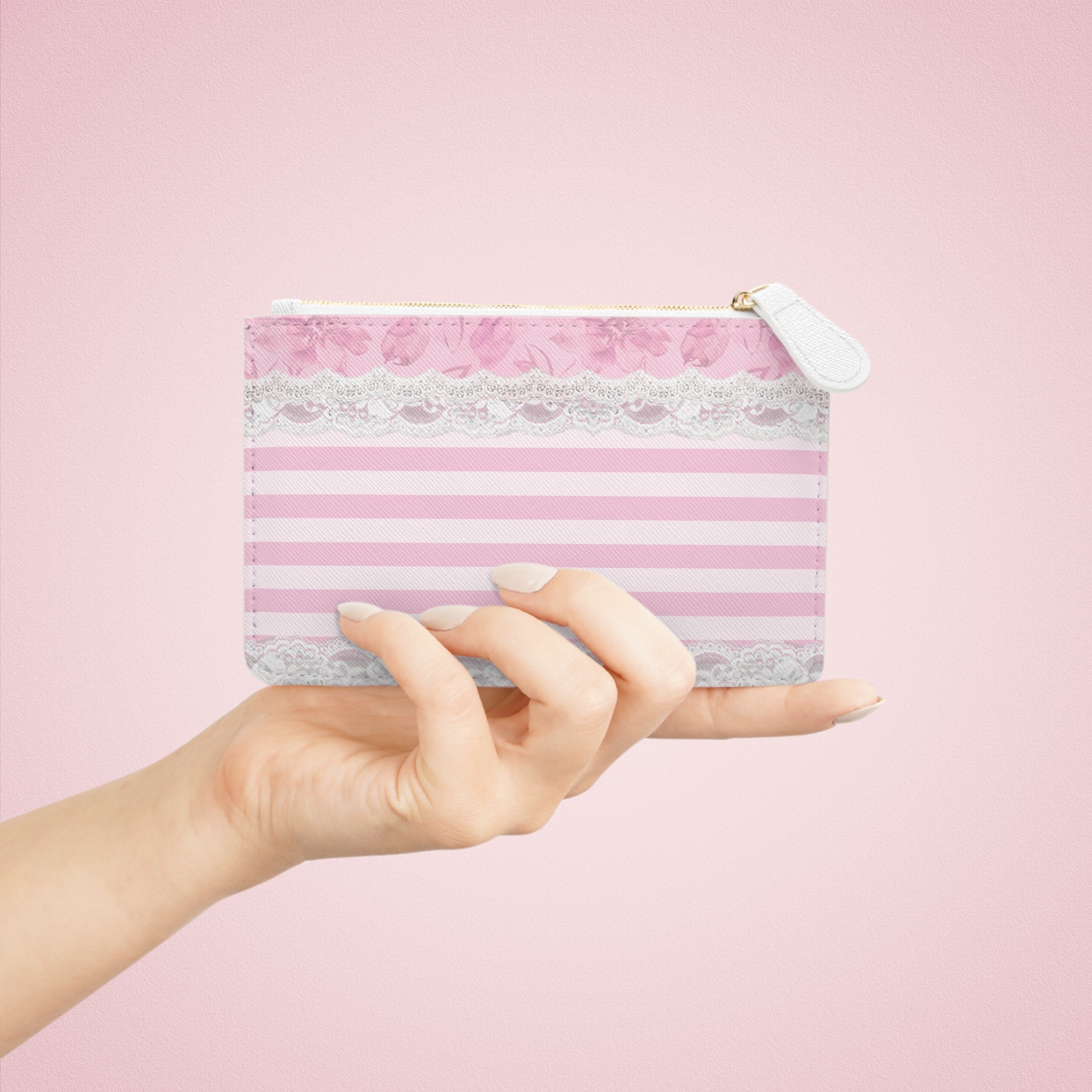 Pink Striped Lace Mini Clutch Bag — Floral Ribbon Coin Purse