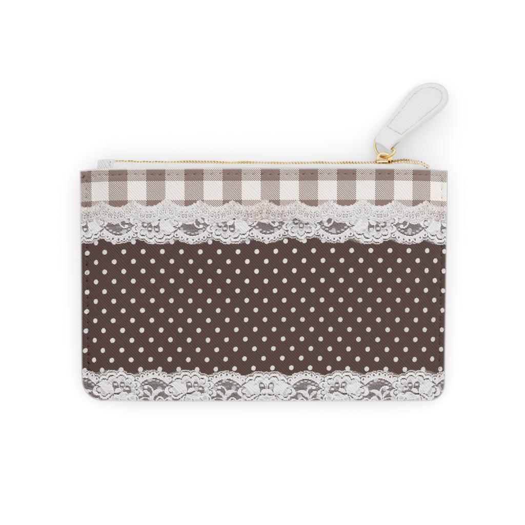 Mini Clutch Bag — Vintage Brown Gingham & Polka Dot Lace Wristlet