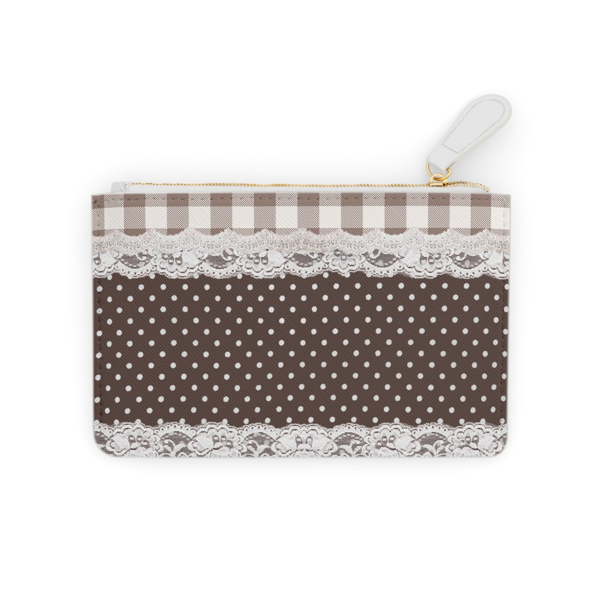 Mini Clutch Bag — Vintage Brown Gingham & Polka Dot Lace Wristlet