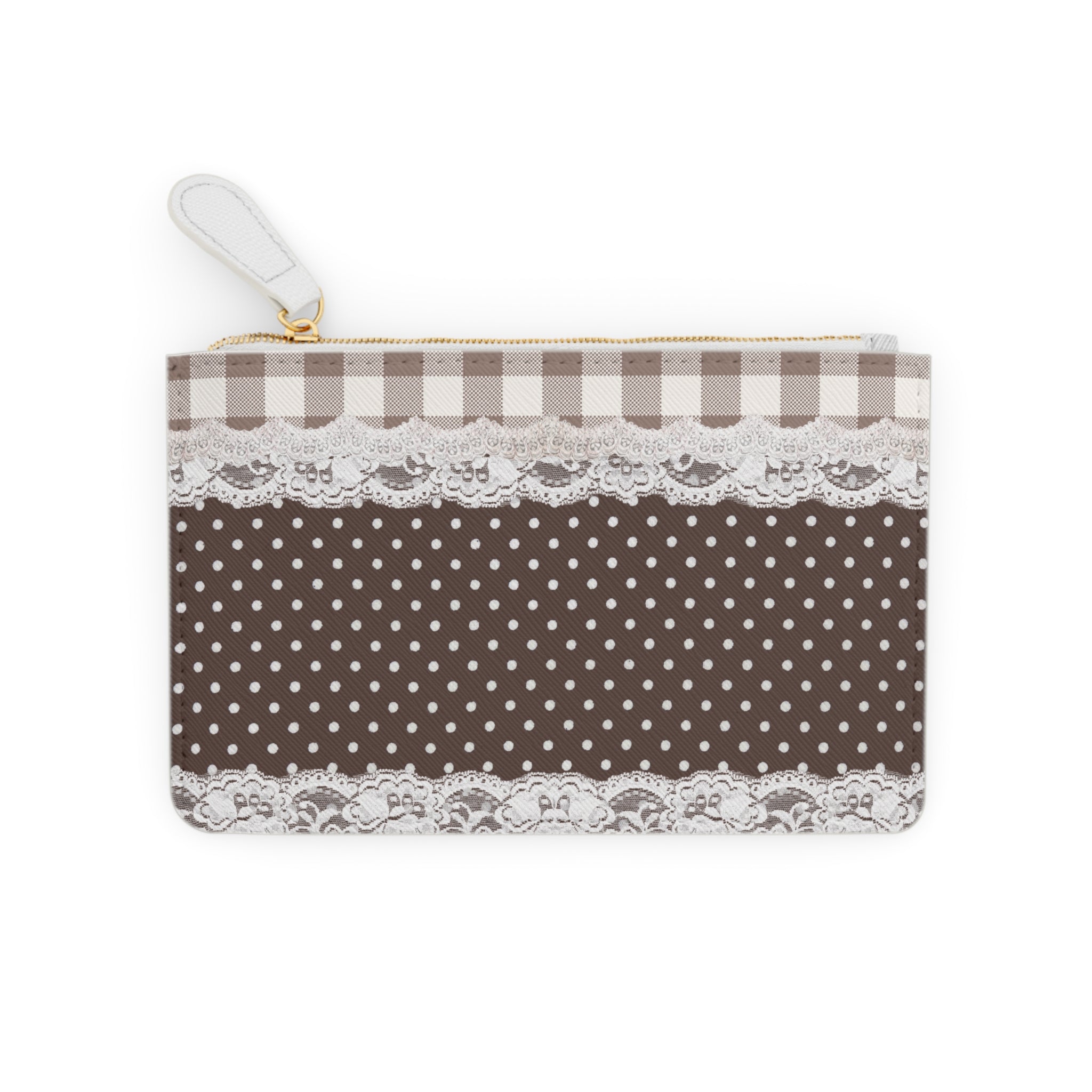 Mini Clutch Bag — Vintage Brown Gingham & Polka Dot Lace Wristlet