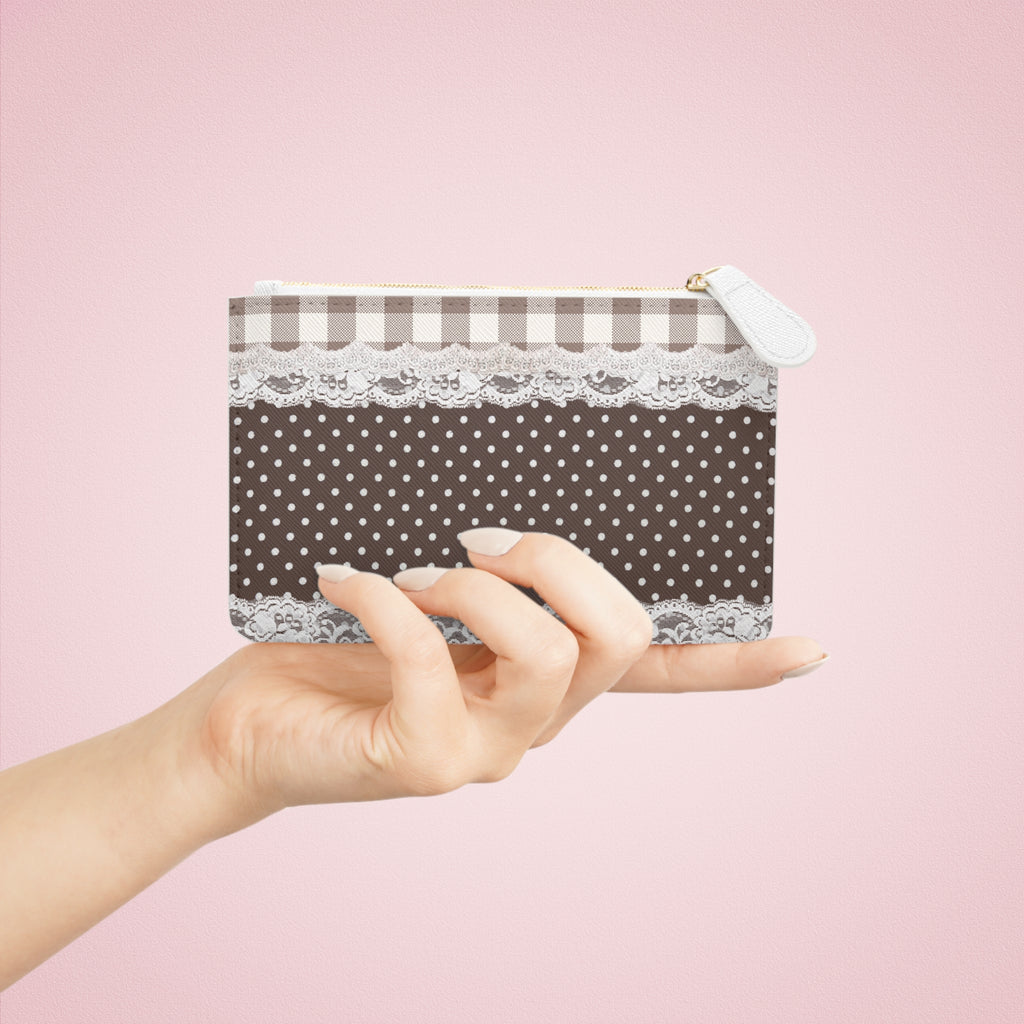 Mini Clutch Bag — Vintage Brown Gingham & Polka Dot Lace Wristlet