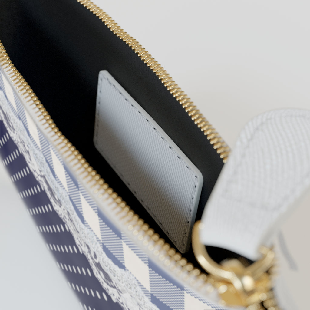 Navy Gingham & Lace Mini Clutch Bag — Polka Dot Coin Purse