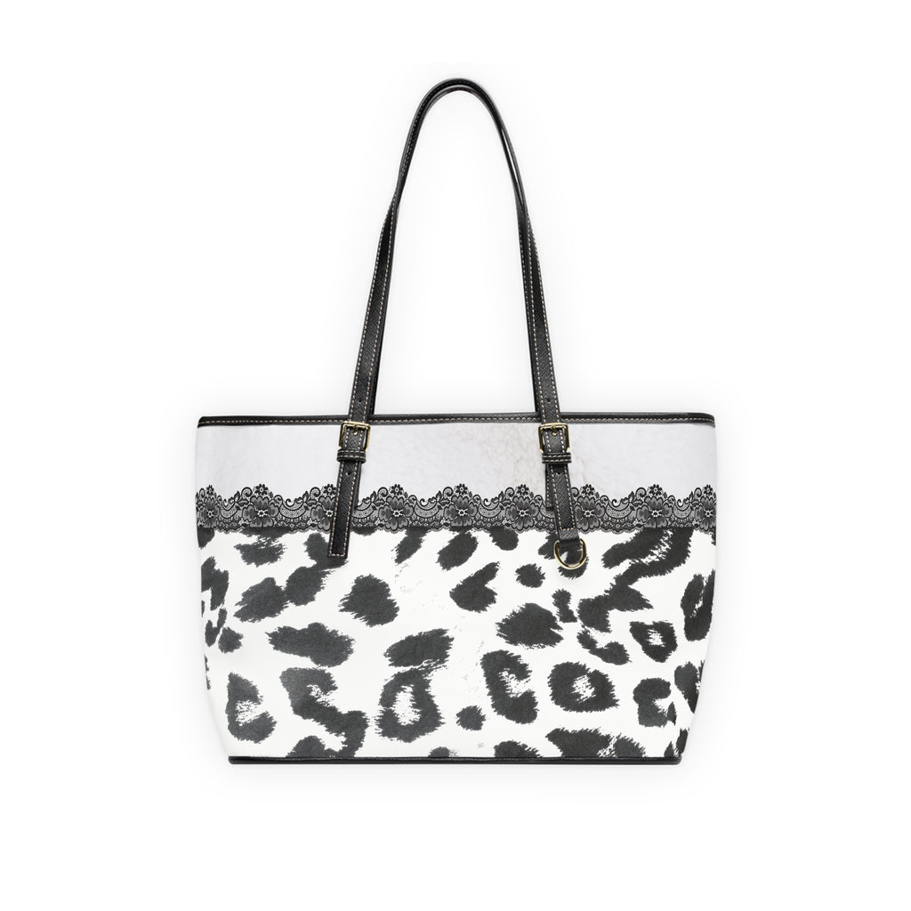 White Leopard Lace Design PU Shoulder Bag — Black & White Animal Print Tote