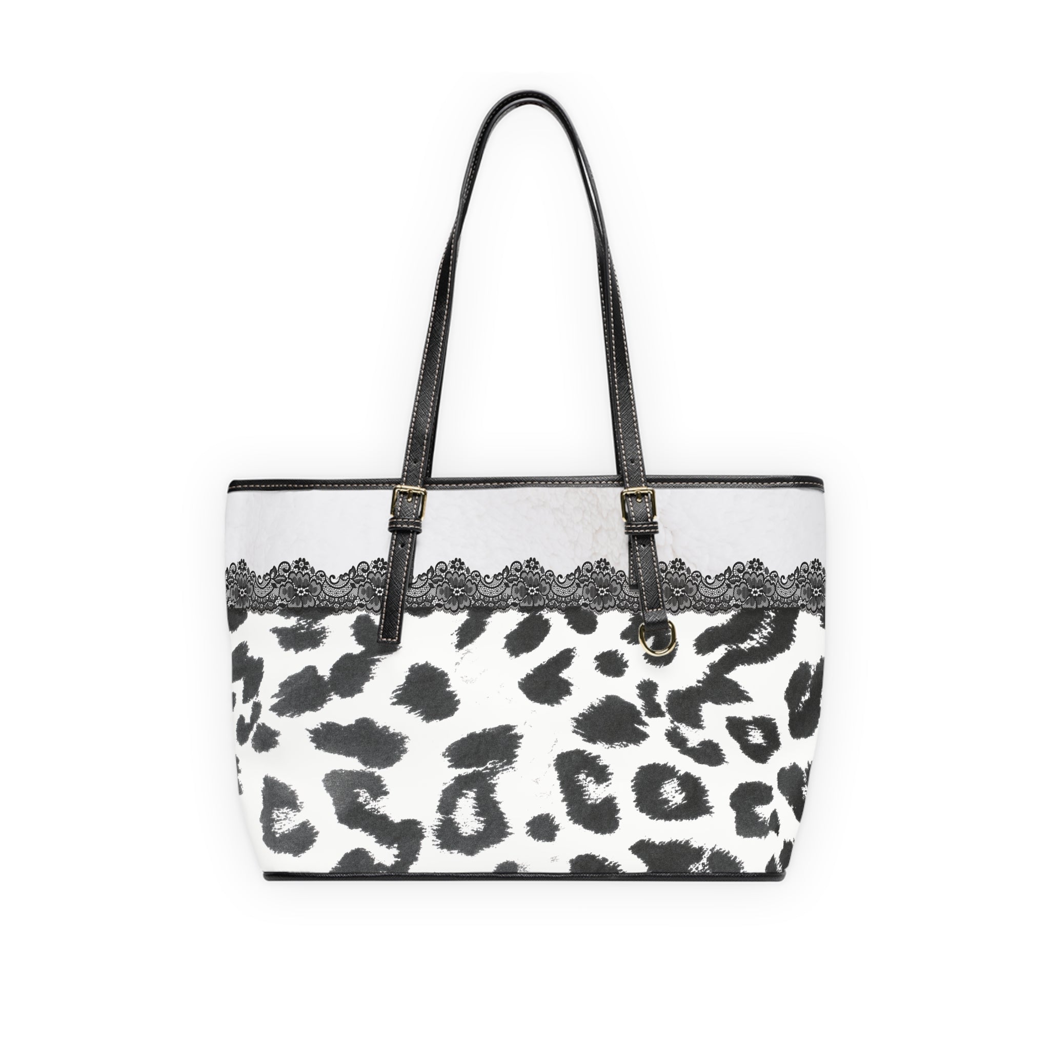 White Leopard Lace Design PU Shoulder Bag — Black & White Animal Print Tote