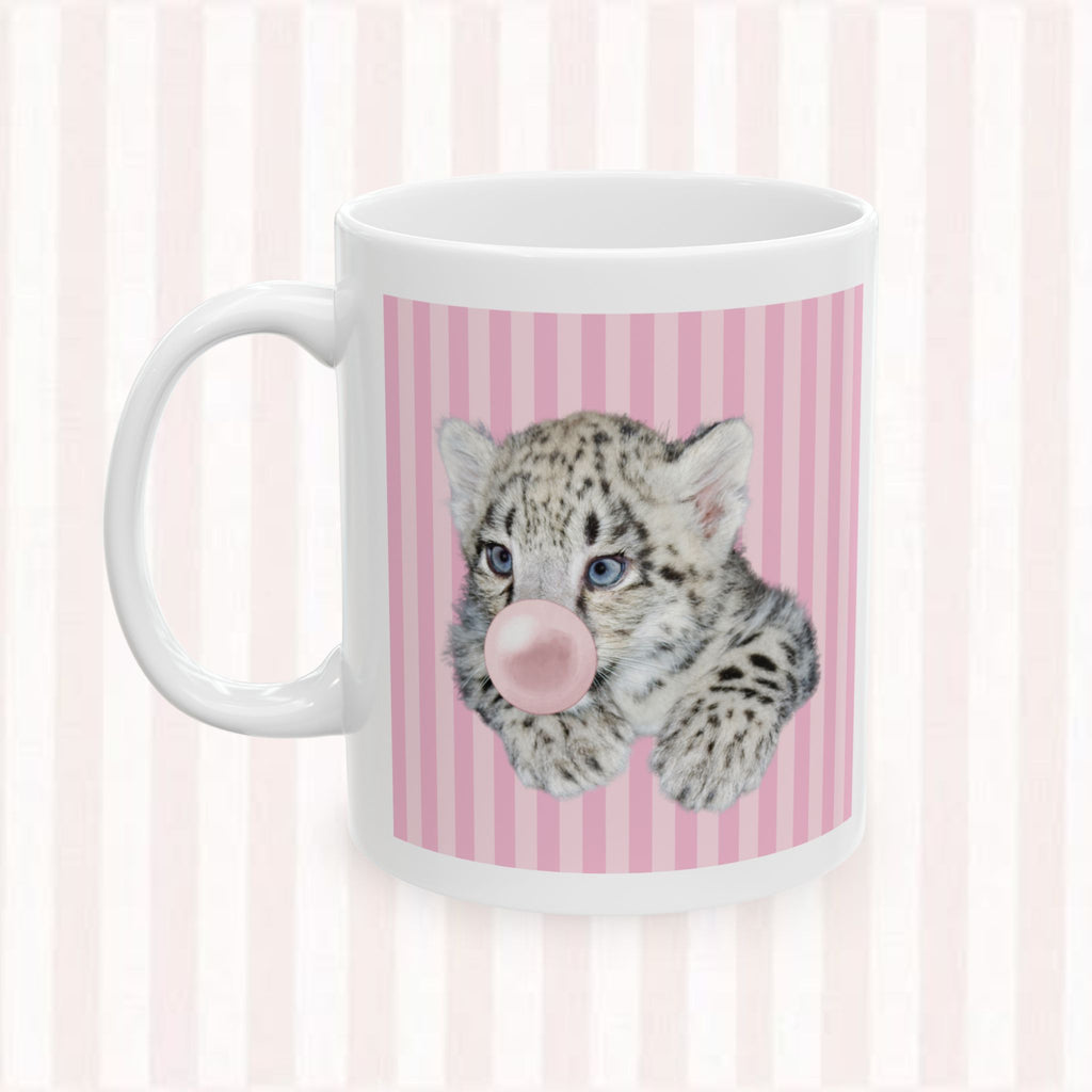 Cat Portrait Ceramic Mug – Pink Stripes & Leopard Star Coffee Cup (11oz/15oz)