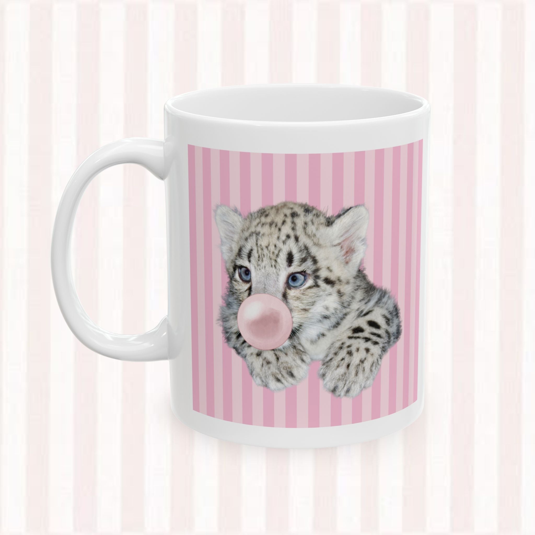 Cat Portrait Ceramic Mug – Pink Stripes & Leopard Star Coffee Cup (11oz/15oz)