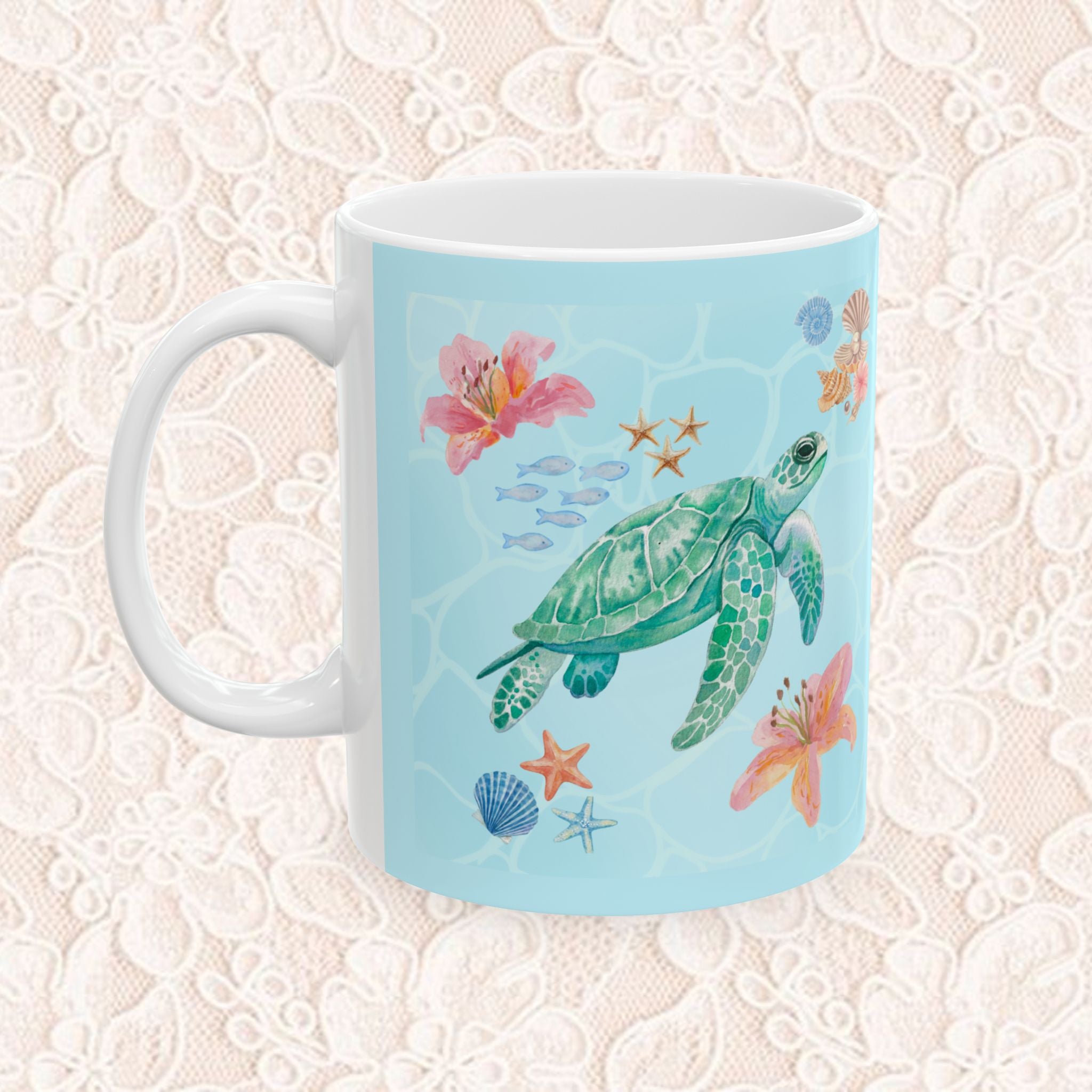 Tropical Sea Turtle Ceramic Mug — Floral Island Ocean Design (11oz & 15oz)