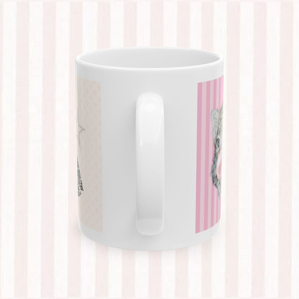 Cat Portrait Ceramic Mug – Pink Stripes & Leopard Star Coffee Cup (11oz/15oz)
