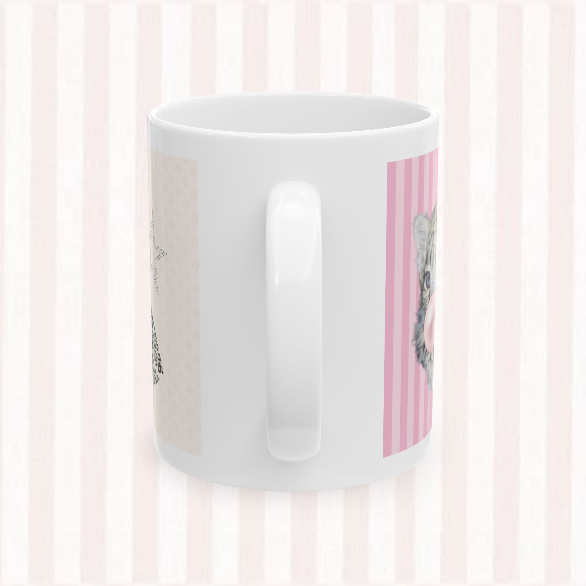 Cat Portrait Ceramic Mug – Pink Stripes & Leopard Star Coffee Cup (11oz/15oz)