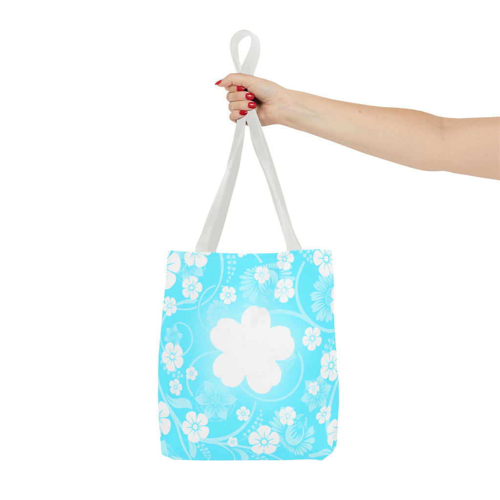 Floral Aqua Tote Bag — Blue White Blossom All-Over Print