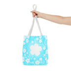 Floral Aqua Tote Bag — Blue White Blossom All-Over Print