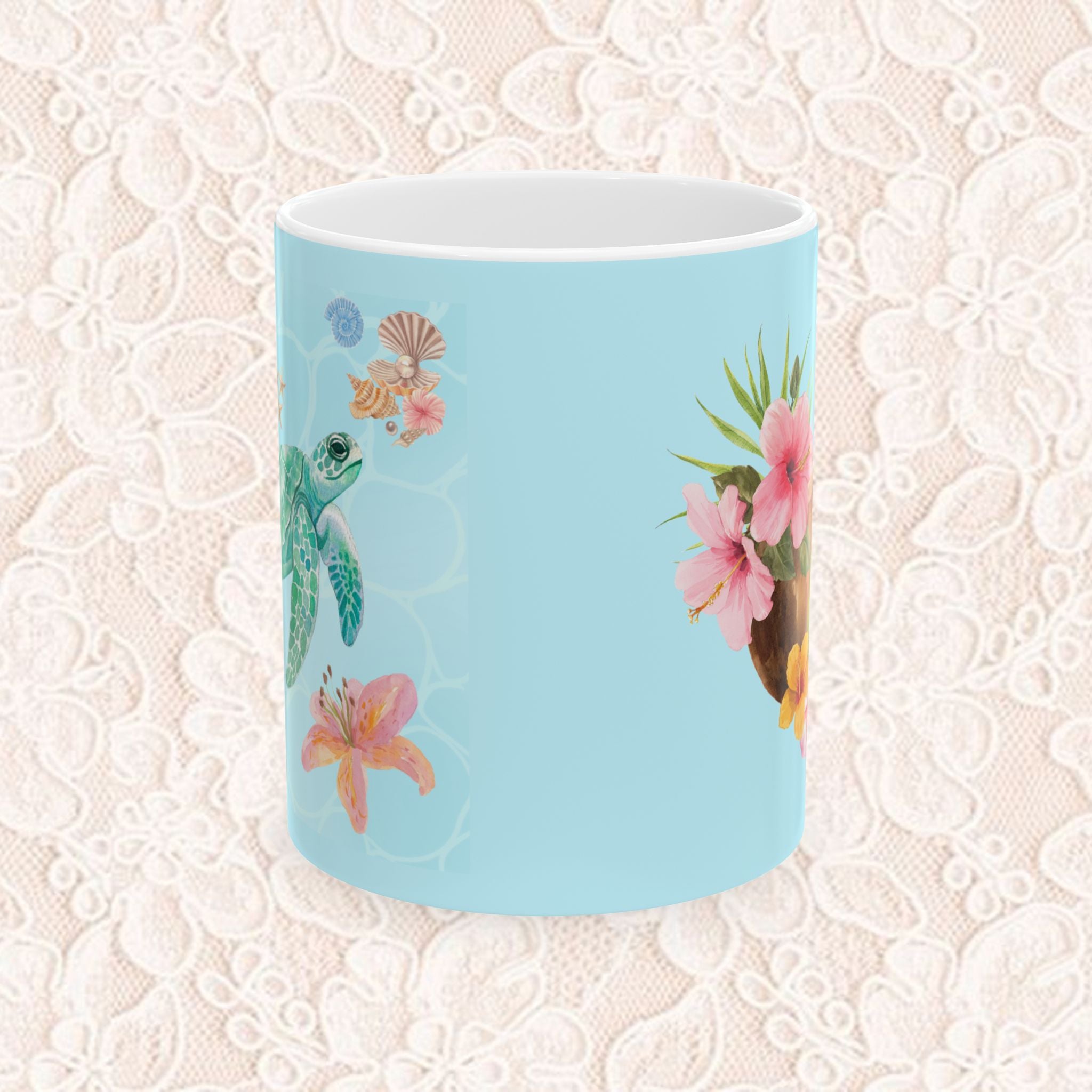 Tropical Sea Turtle Ceramic Mug — Floral Island Ocean Design (11oz & 15oz)