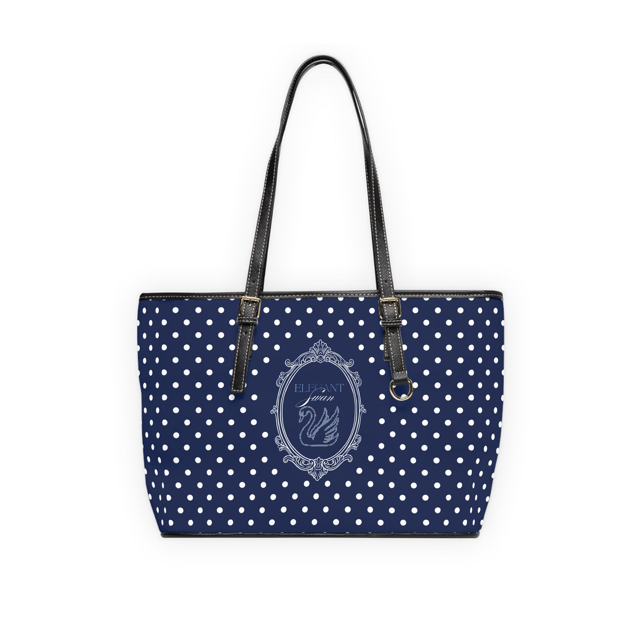 Navy Polka Dot PU Leather Shoulder Bag – Elegant Swan Crest Tote
