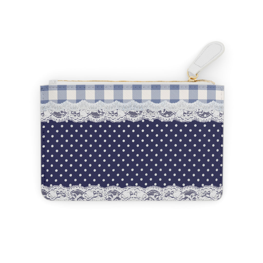 Navy Gingham & Lace Mini Clutch Bag — Polka Dot Coin Purse