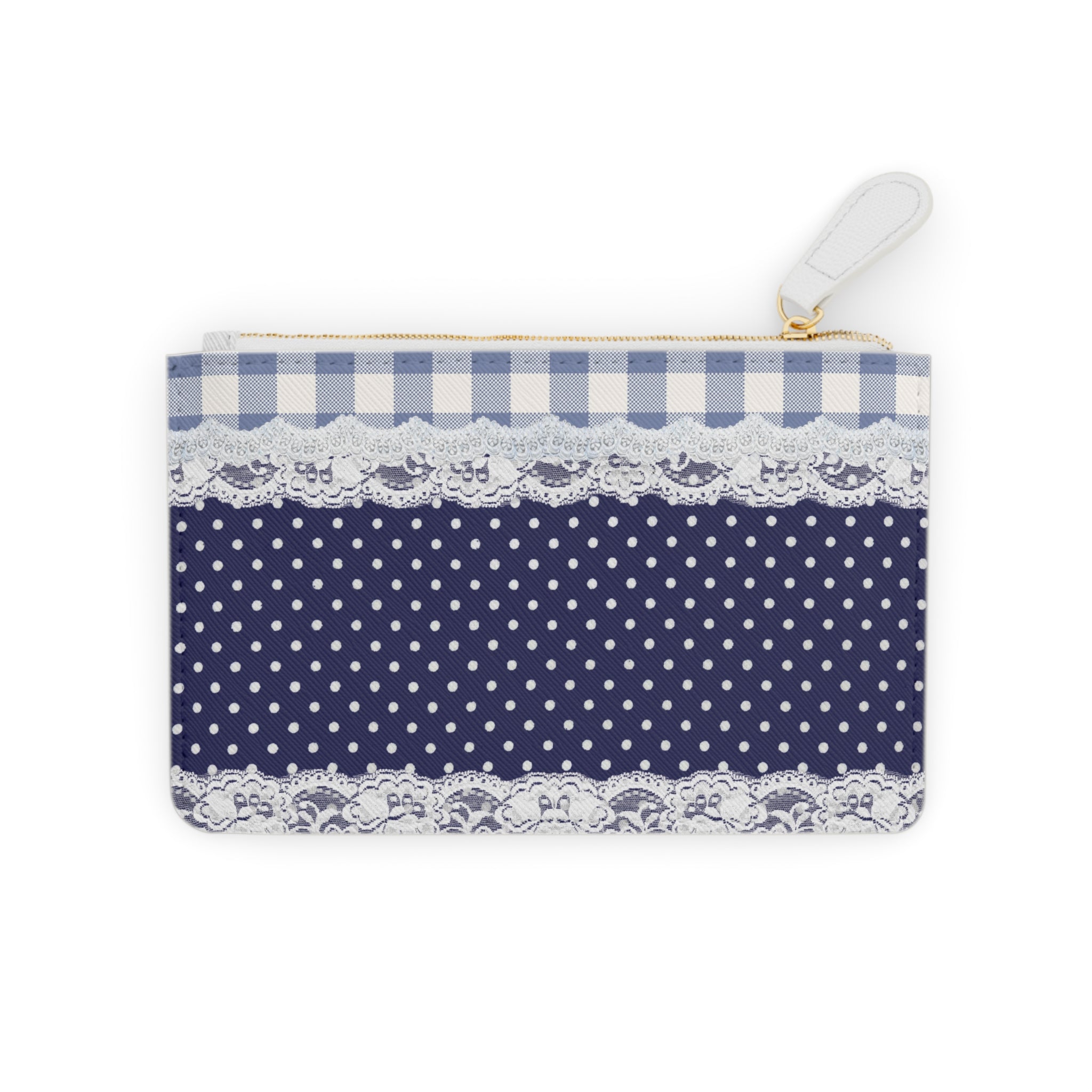 Navy Gingham & Lace Mini Clutch Bag — Polka Dot Coin Purse