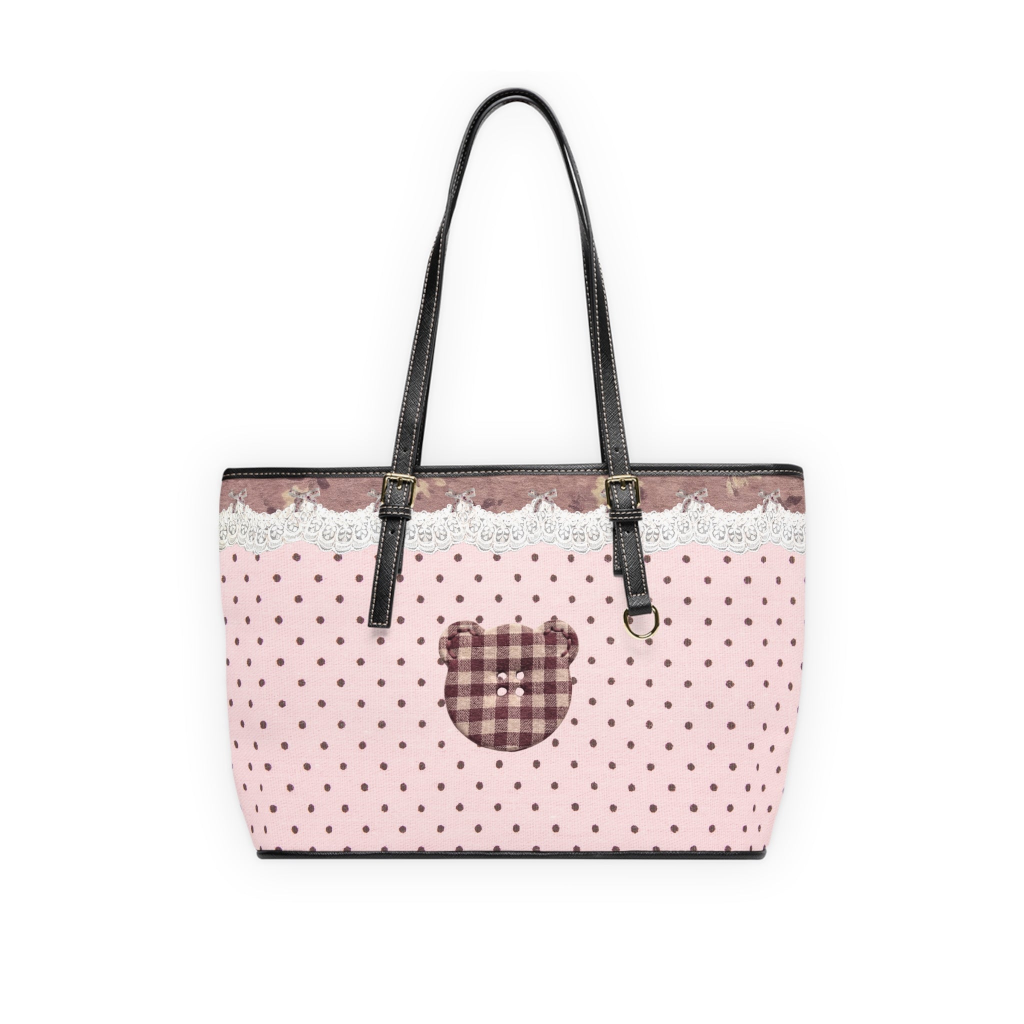 Pink Polka Dot Tote Bag with Lace design & Plaid Heart Accent