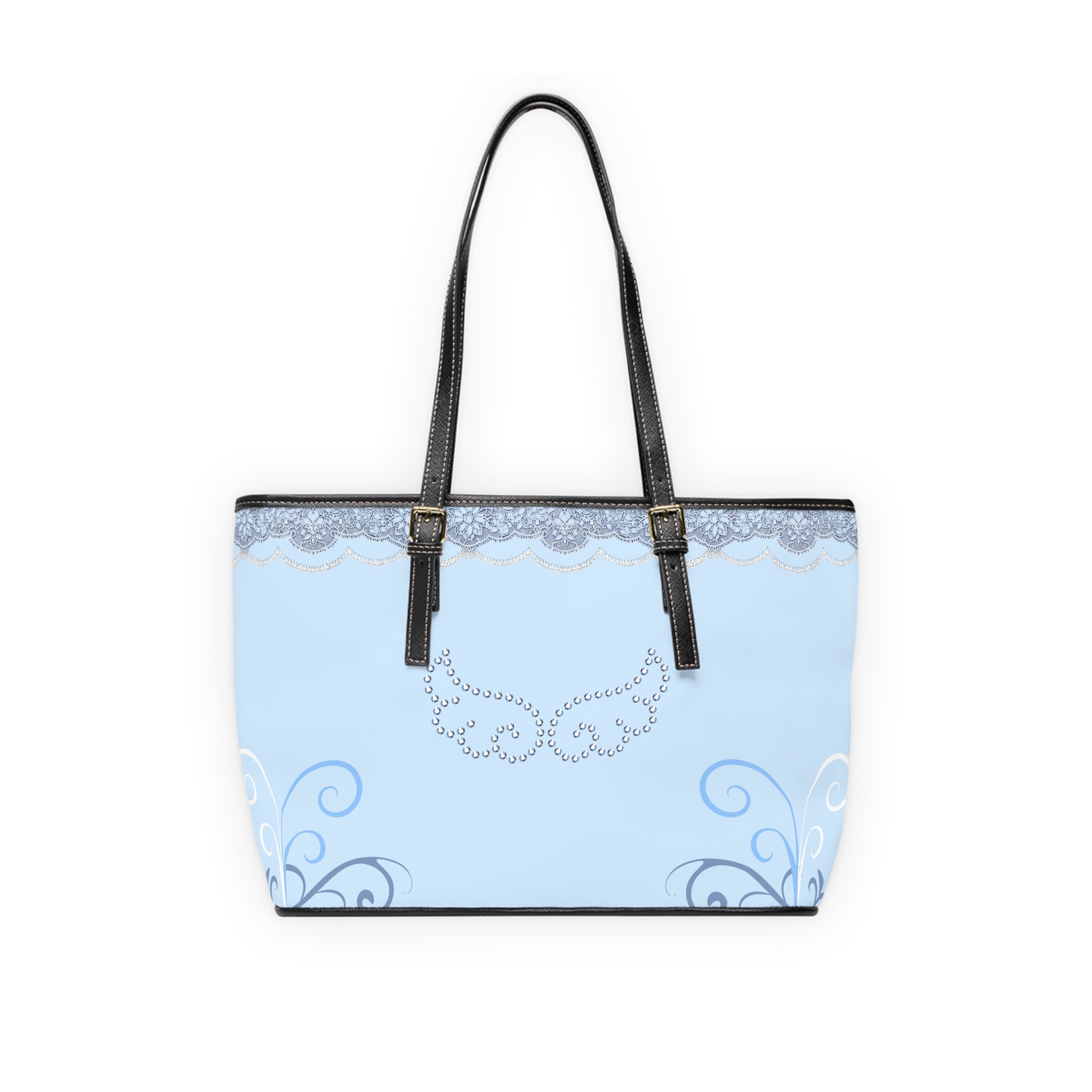 Blue Lace Angel Design Tote Bag with Rhinestone Wing Accent — Elegant PU Shoulder Bag