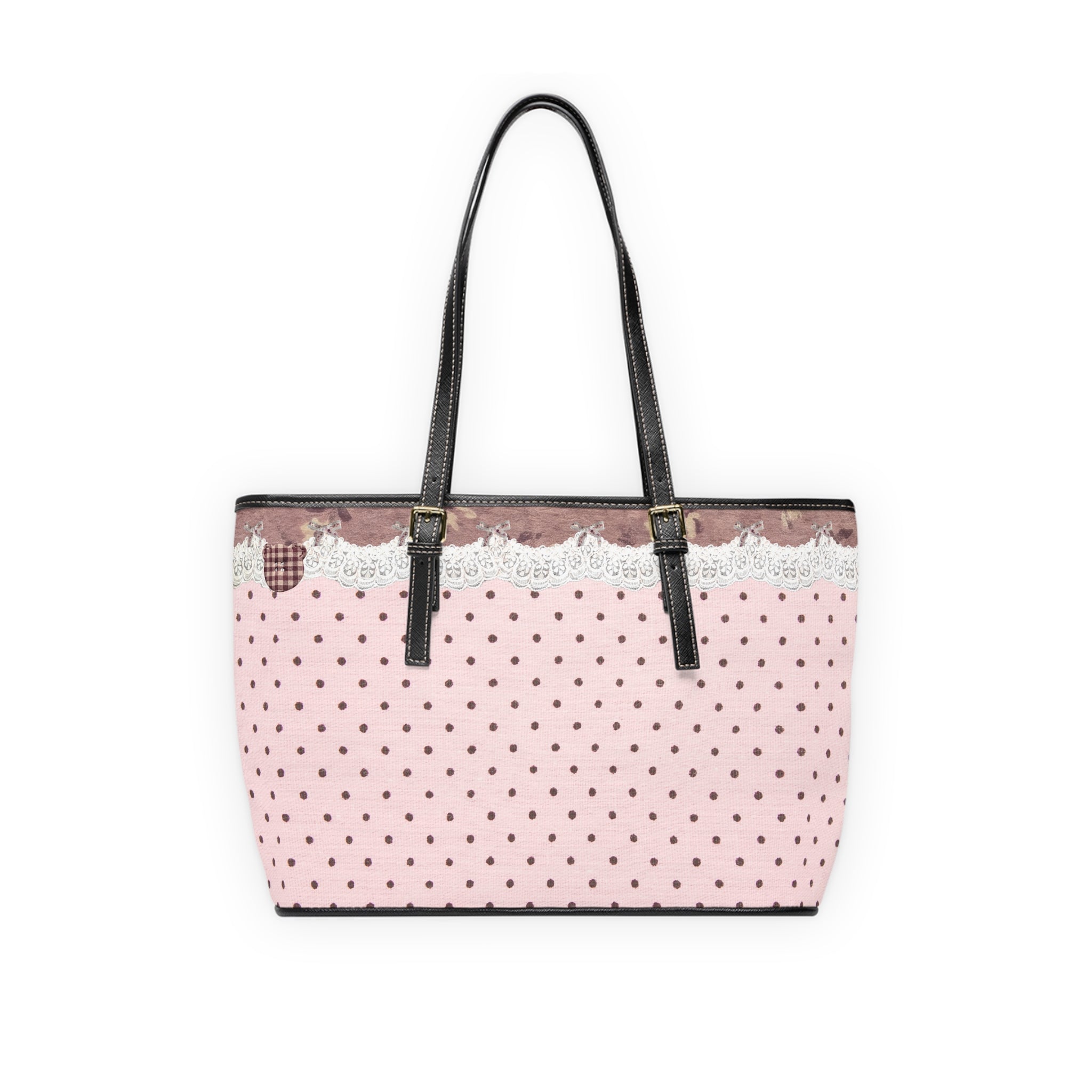 Pink Polka Dot Tote Bag with Lace design & Plaid Heart Accent