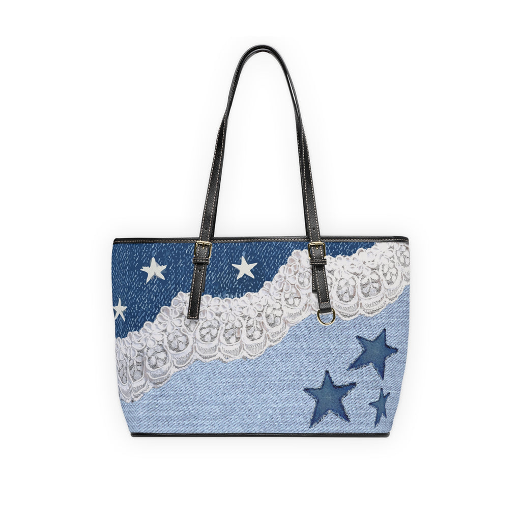 Denim Lace Star Design Shoulder Bag — PU Leather Tote for Casual Everyday & 4th of July