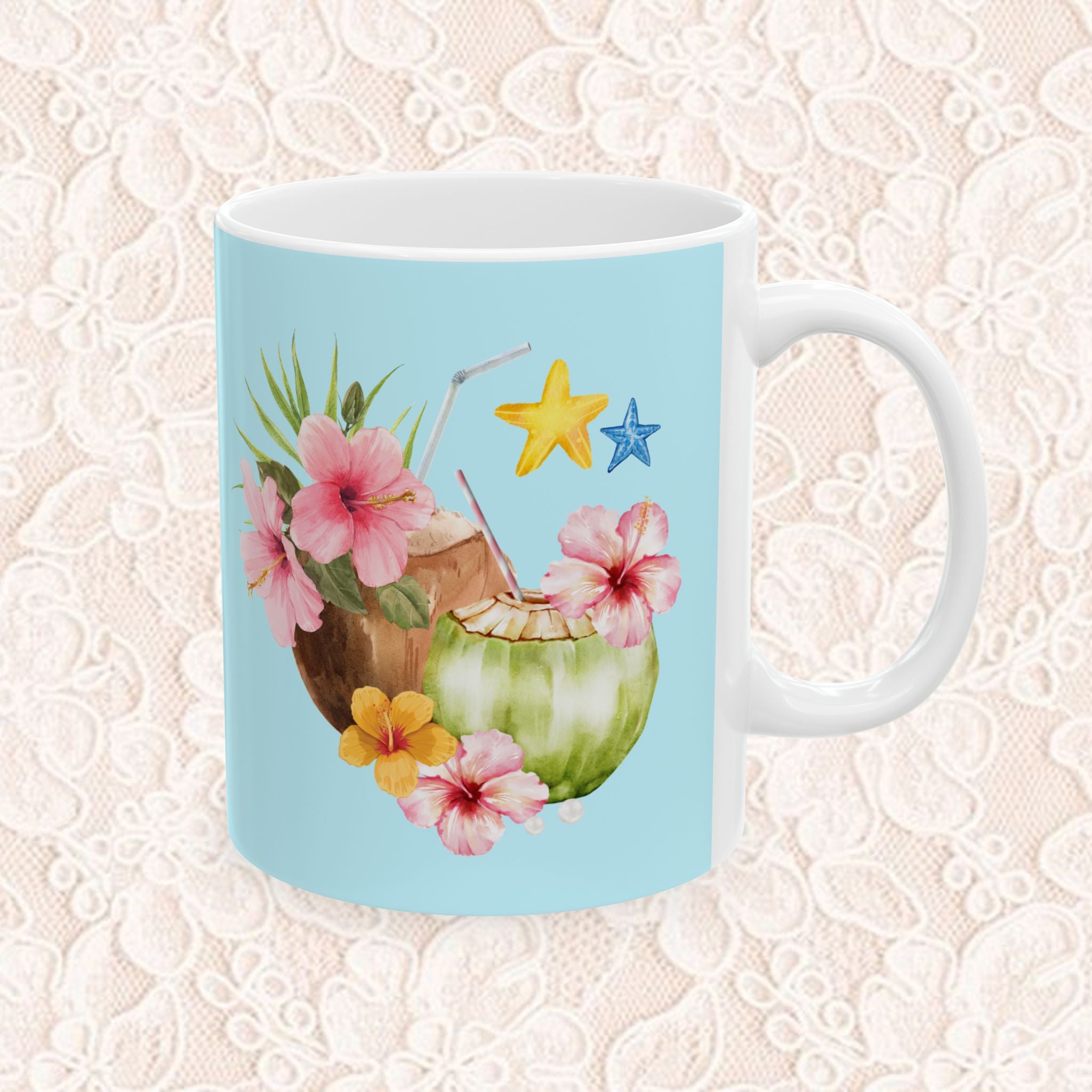Tropical Sea Turtle Ceramic Mug — Floral Island Ocean Design (11oz & 15oz)