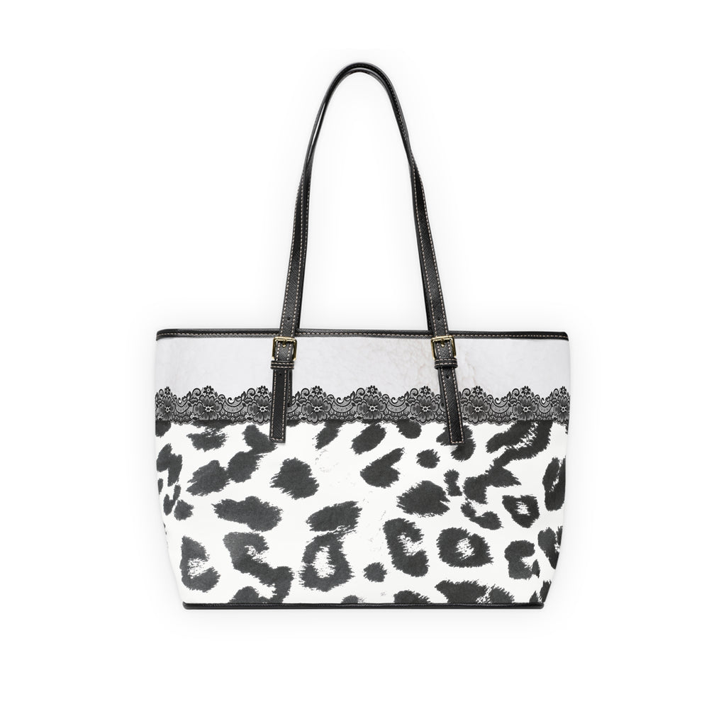 White Leopard Lace Design PU Shoulder Bag — Black & White Animal Print Tote