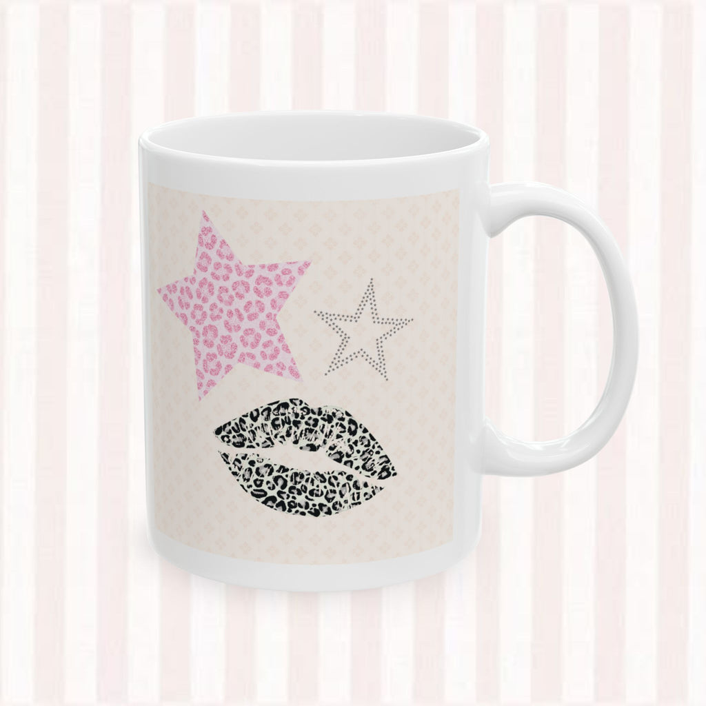 Cat Portrait Ceramic Mug – Pink Stripes & Leopard Star Coffee Cup (11oz/15oz)