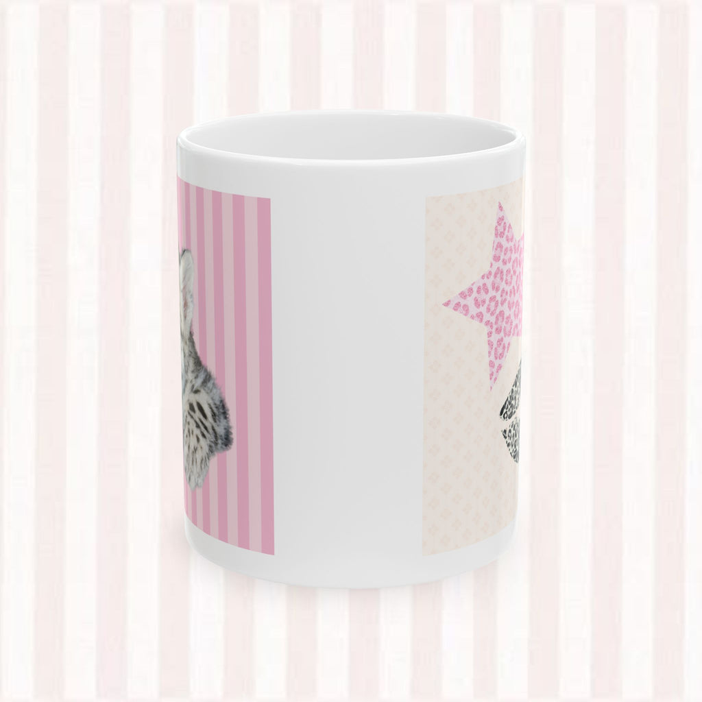 Cat Portrait Ceramic Mug – Pink Stripes & Leopard Star Coffee Cup (11oz/15oz)
