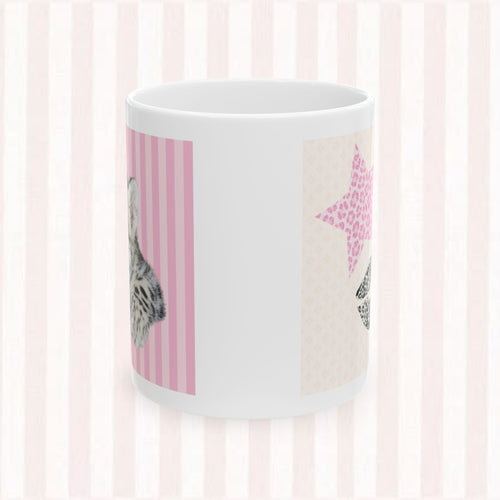 Cat Portrait Ceramic Mug – Pink Stripes & Leopard Star Coffee Cup (11oz/15oz)