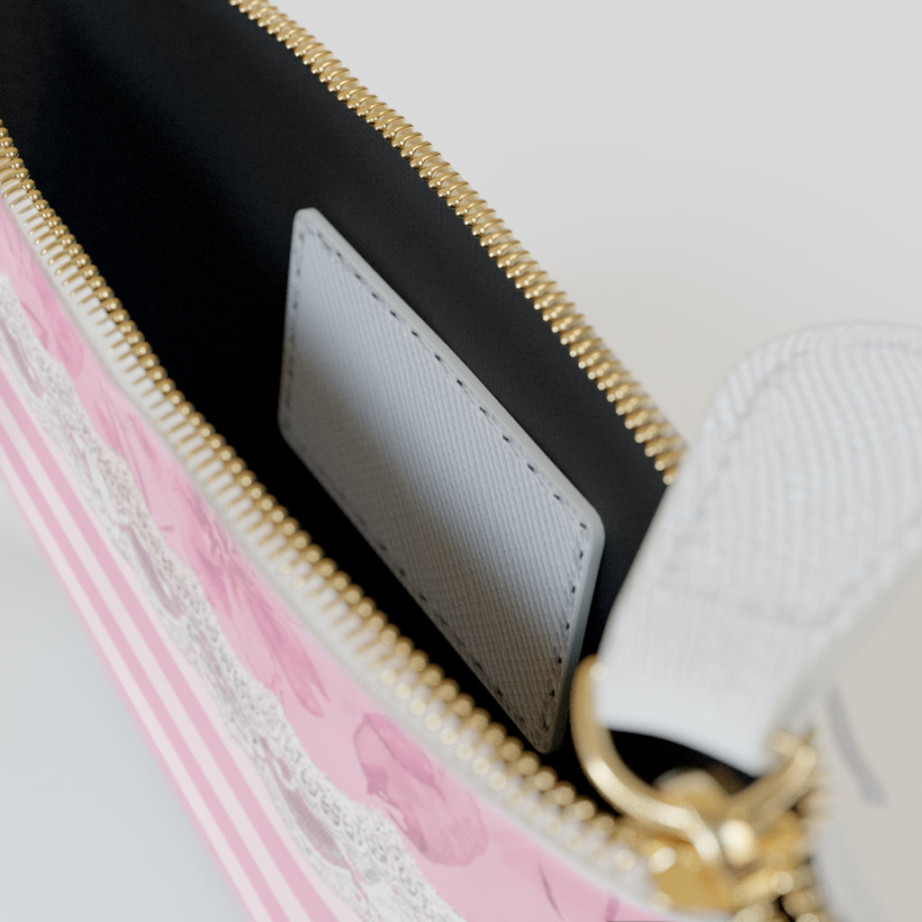 Pink Striped Lace Mini Clutch Bag — Floral Ribbon Coin Purse
