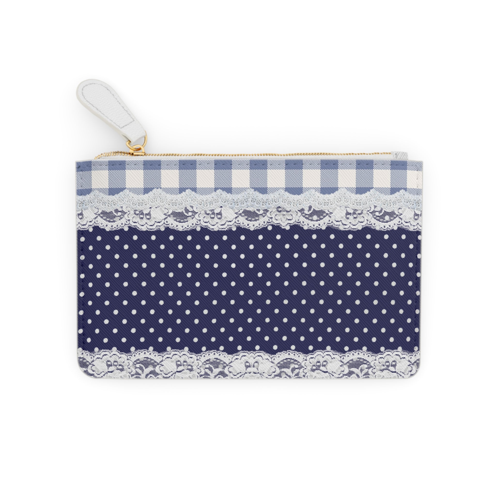 Navy Gingham & Lace Mini Clutch Bag — Polka Dot Coin Purse