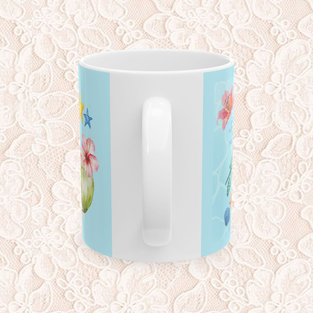 Tropical Sea Turtle Ceramic Mug — Floral Island Ocean Design (11oz & 15oz)