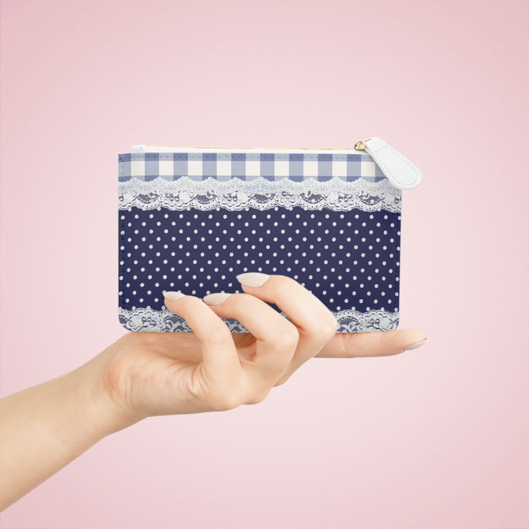Navy Gingham & Lace Mini Clutch Bag — Polka Dot Coin Purse