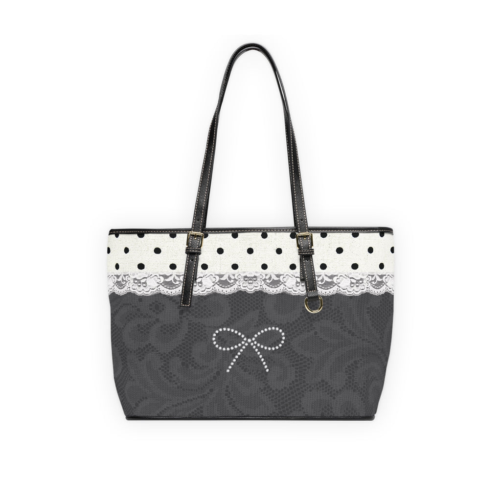 Tote Bag — Elegant Black Lace Design & Polka Dot PU Shoulder Tote with Pearl Bow Accent