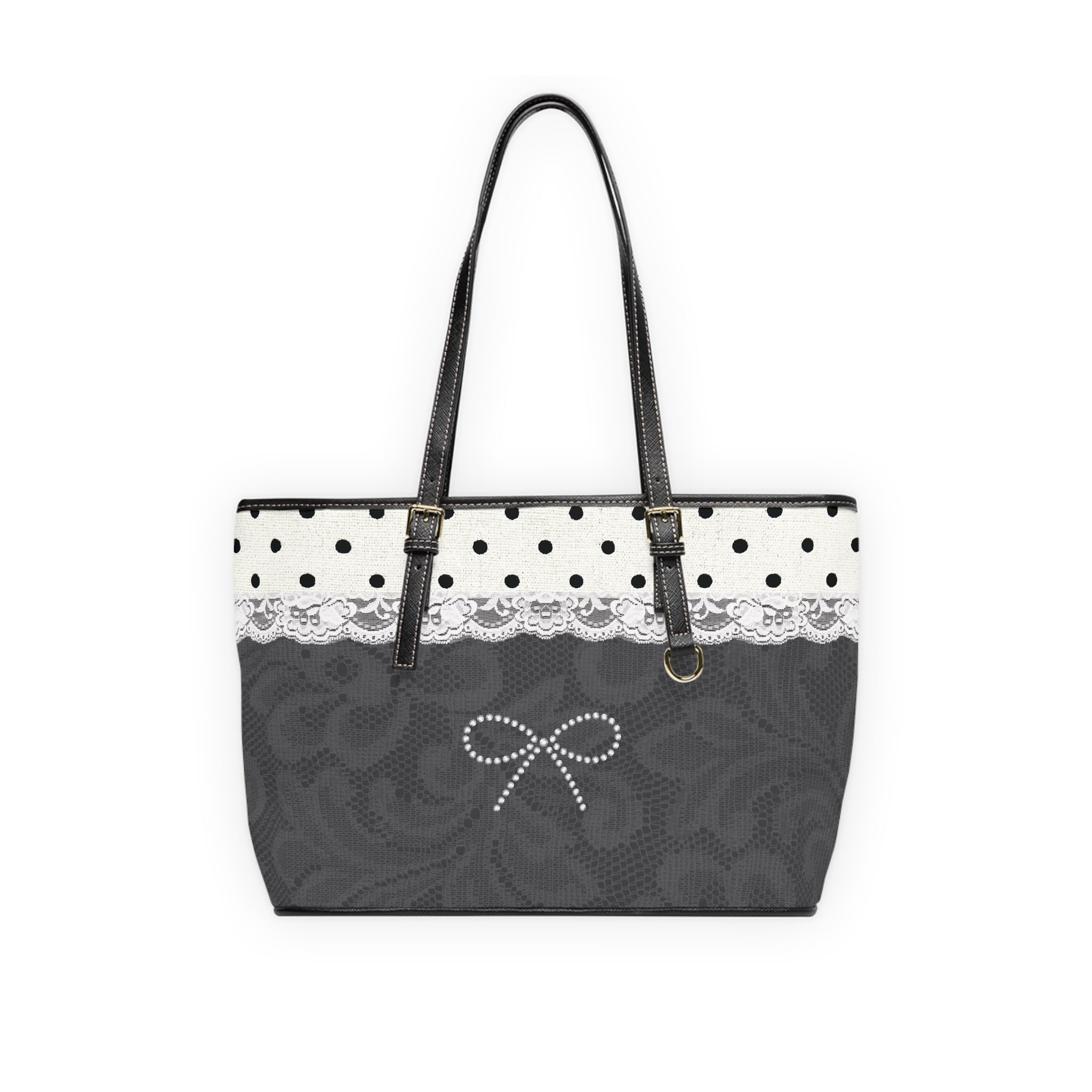 Tote Bag — Elegant Black Lace Design & Polka Dot PU Shoulder Tote with Pearl Bow Accent