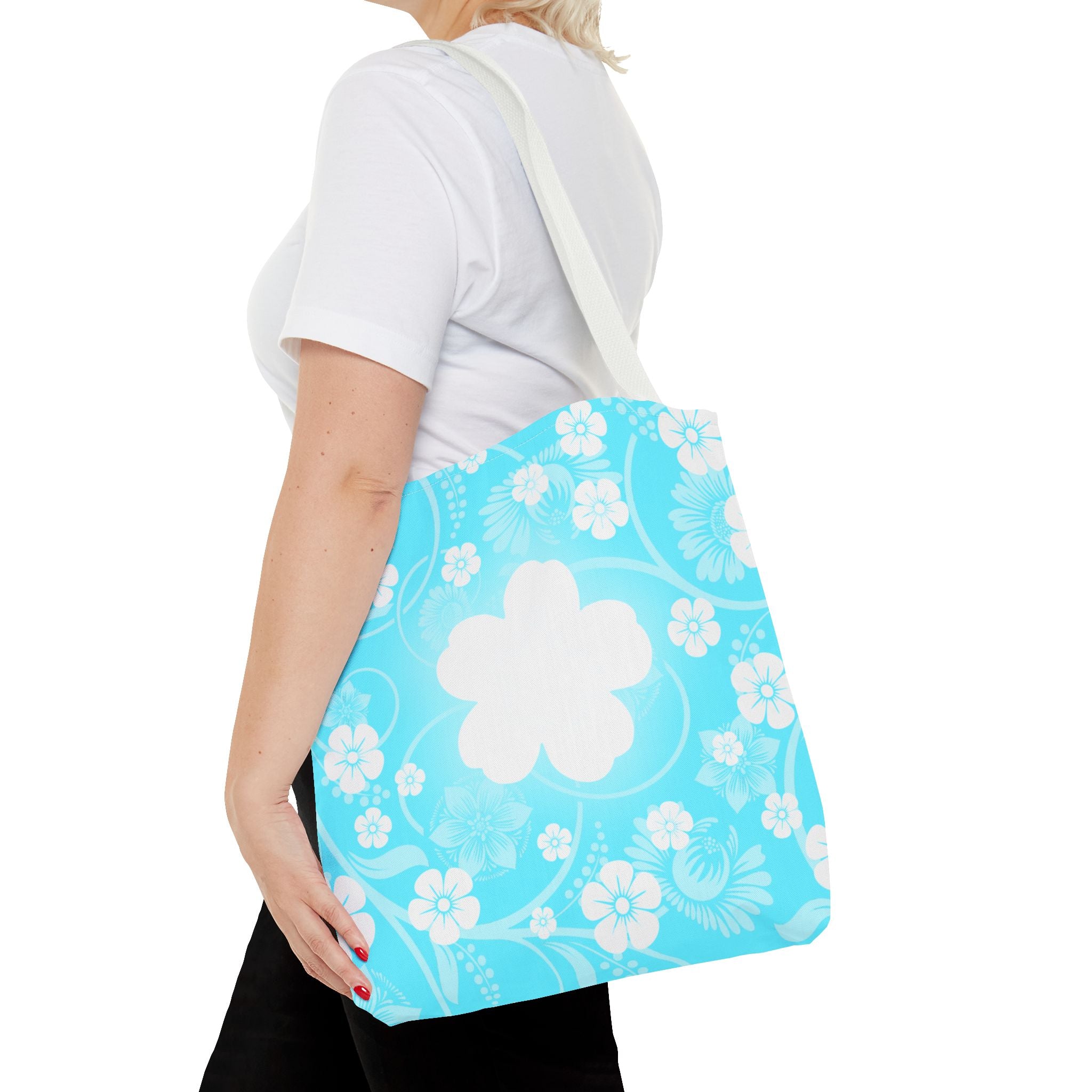 Floral Aqua Tote Bag — Blue White Blossom All-Over Print