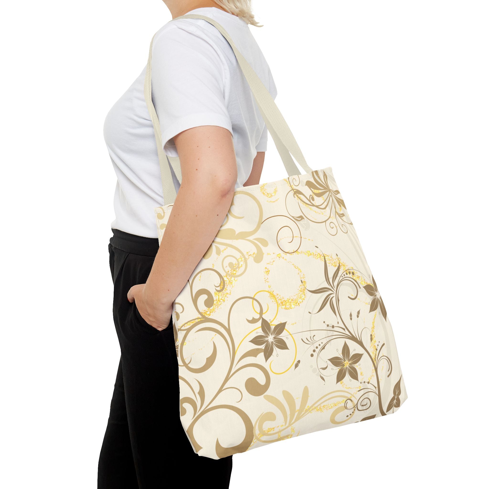 Floral Gold Swirl Tote Bag — Elegant Vintage Floral All-Over Print Tote