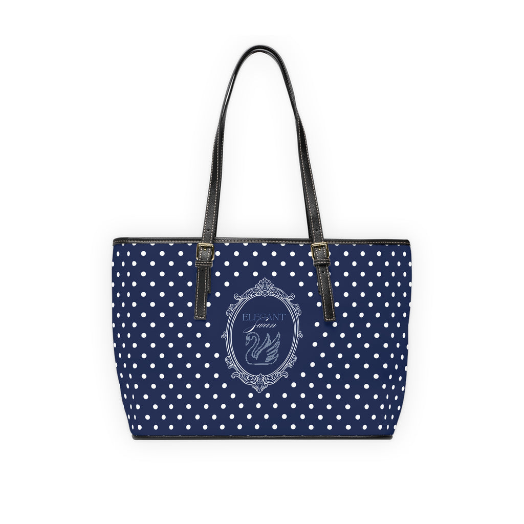 Navy Polka Dot PU Leather Shoulder Bag – Elegant Swan Crest Tote