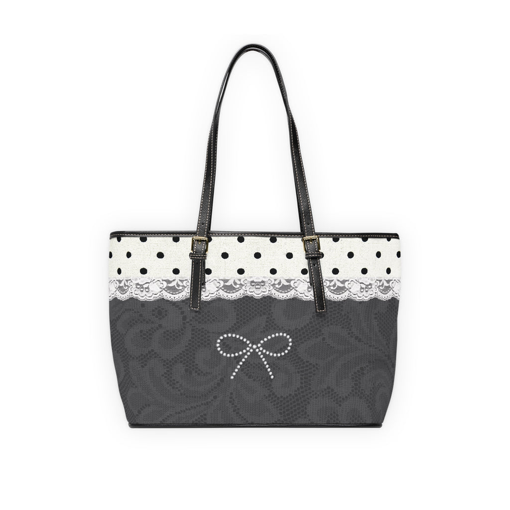 Tote Bag — Elegant Black Lace Design & Polka Dot PU Shoulder Tote with Pearl Bow Accent