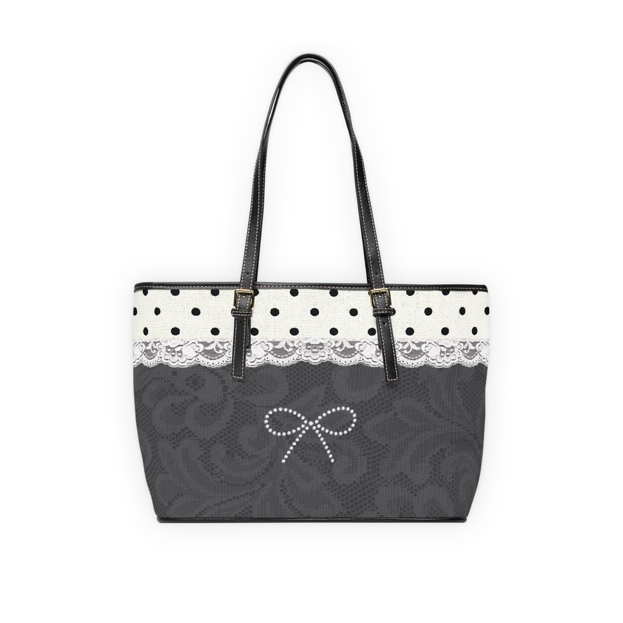 Tote Bag — Elegant Black Lace Design & Polka Dot PU Shoulder Tote with Pearl Bow Accent