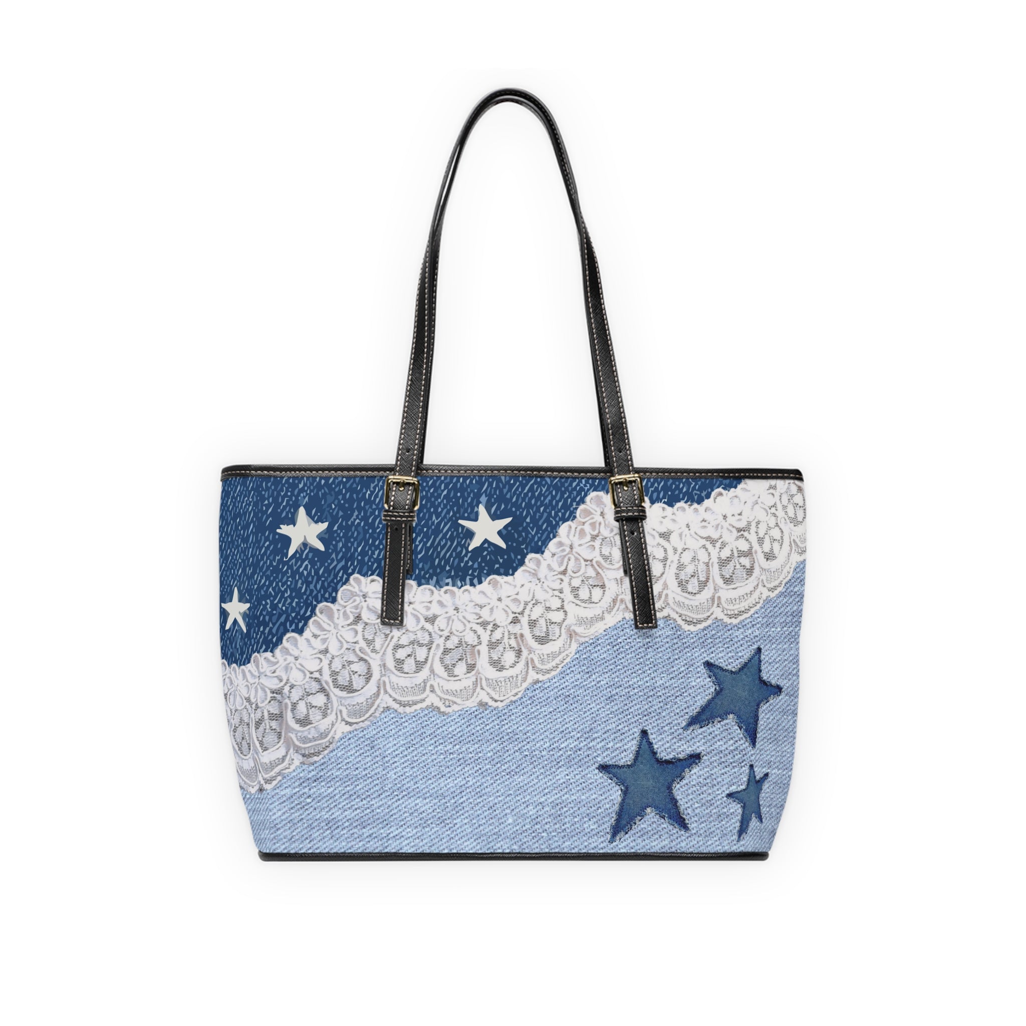 Denim Lace Star Design Shoulder Bag — PU Leather Tote for Casual Everyday & 4th of July